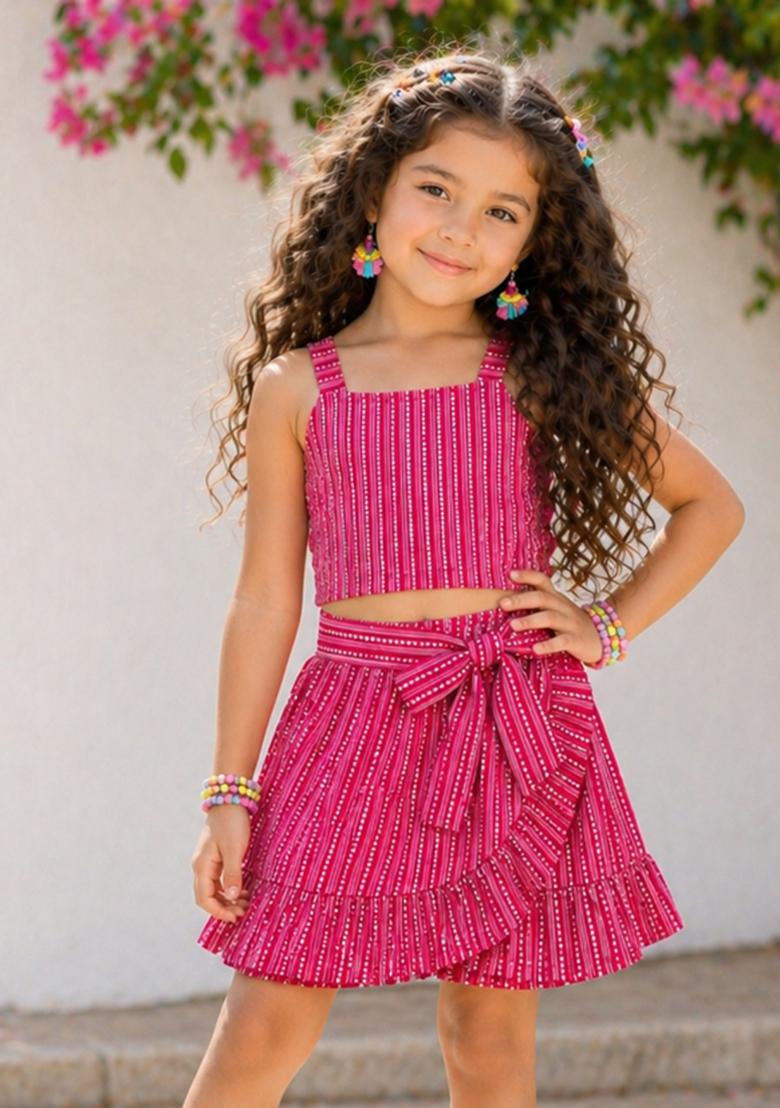 Fuchsia Printed Cotton Skirt Set For Girls - Indya