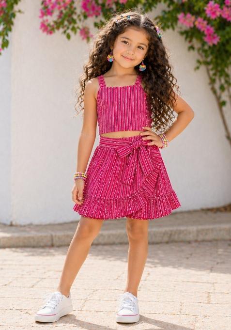 Fuchsia Printed Cotton Skirt Set For Girls