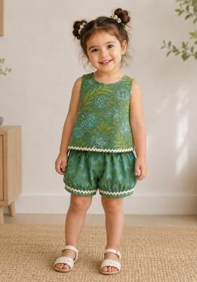 Olive Green Printed Cotton Sets And Suits For Girls
