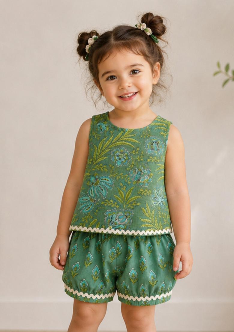 Olive Green Printed Cotton Sets And Suits For Girls - Indya