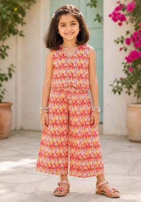 Orange Printed Polyester Sets And Suits For Girls
