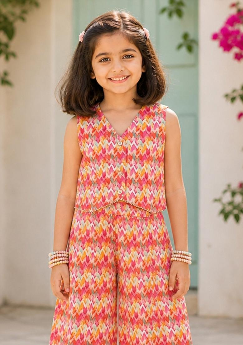 Orange Printed Polyester Sets And Suits For Girls - Indya