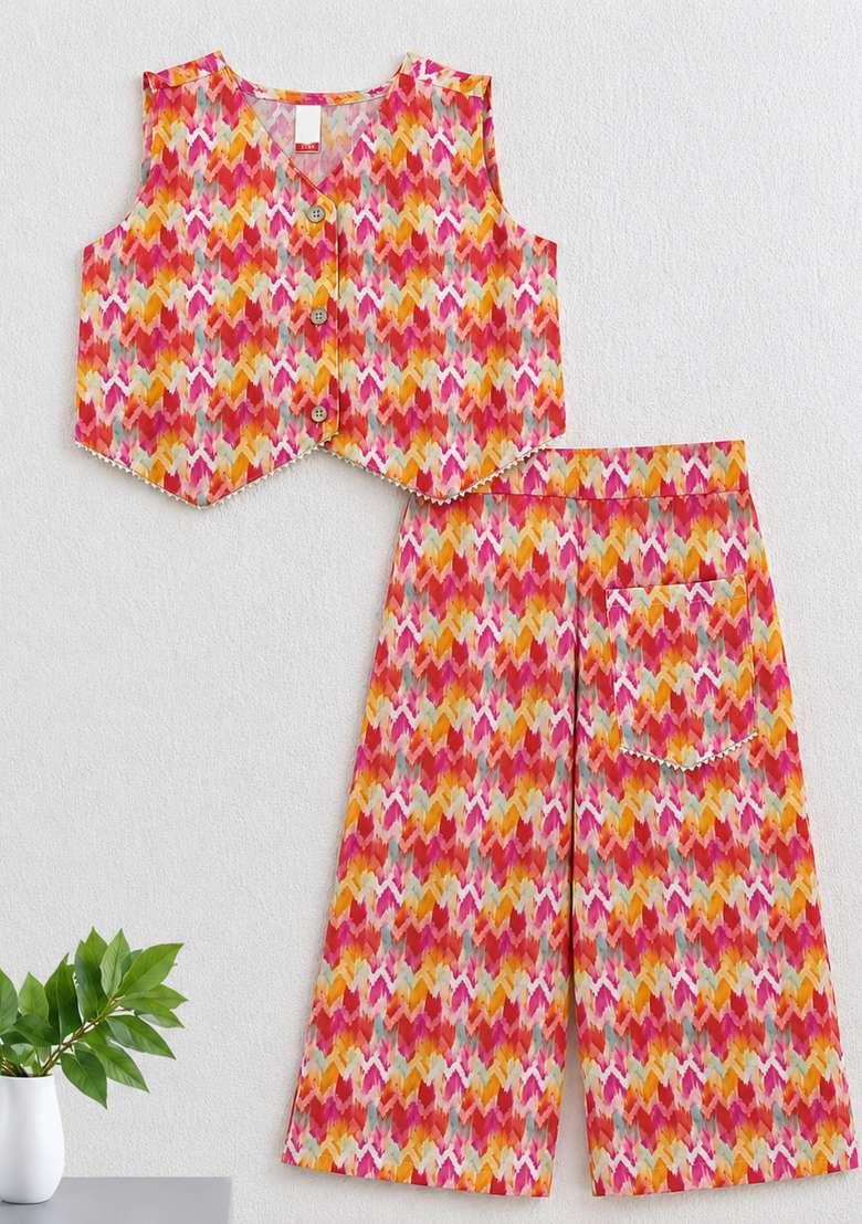 Orange Printed Polyester Sets And Suits For Girls - Indya