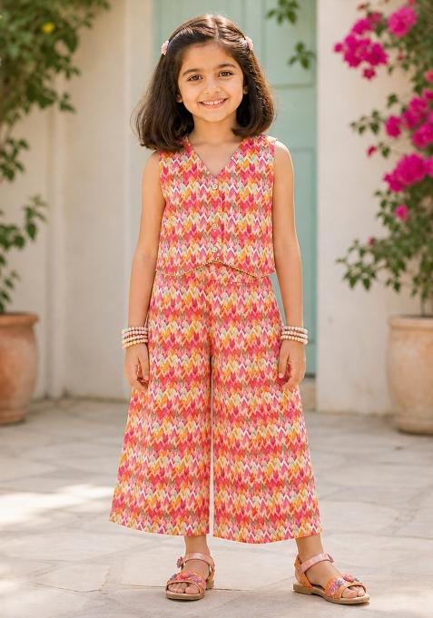 Orange Printed Polyester Sets And Suits For Girls