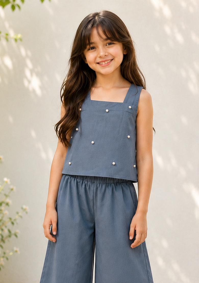 Grey Embellished Poplin Sets And Suits For Girls - Indya