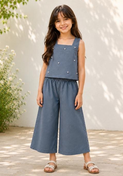 Grey Embellished Poplin Sets And Suits For Girls