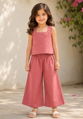 Peach Embellished Poplin Sets And Suits For Girls