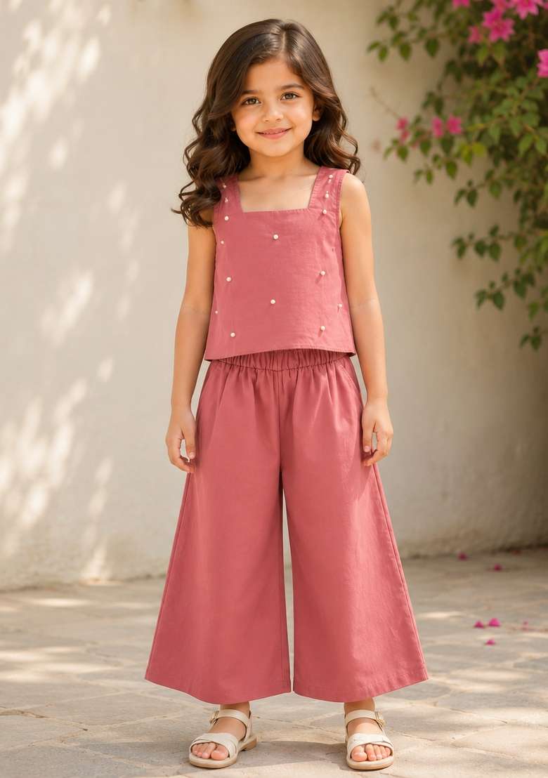 Peach Embellished Poplin Sets And Suits For Girls - Indya