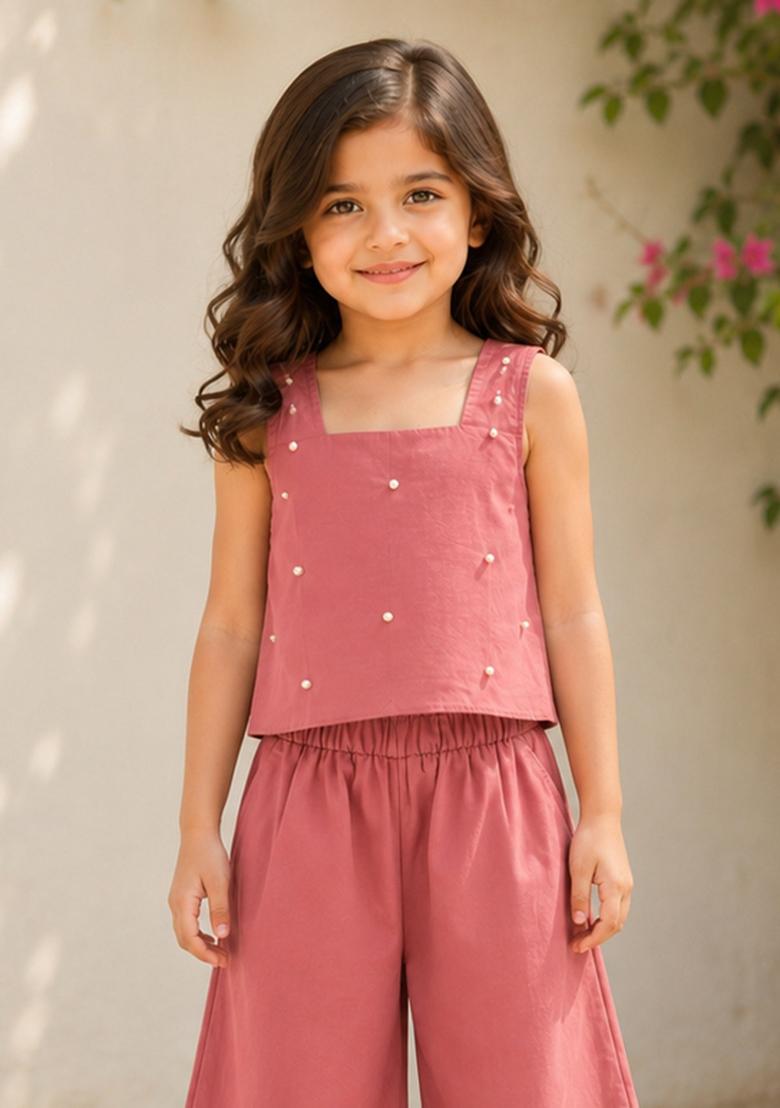 Peach Embellished Poplin Sets And Suits For Girls - Indya