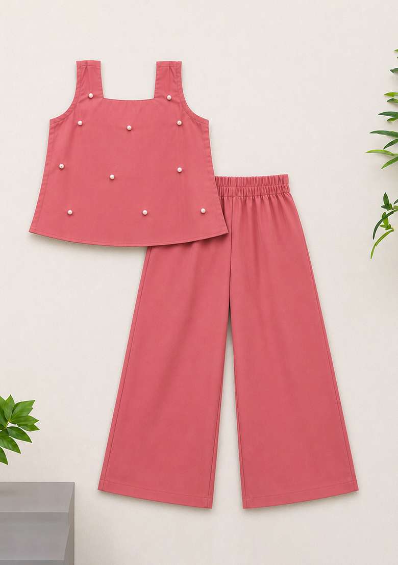 Peach Embellished Poplin Sets And Suits For Girls - Indya
