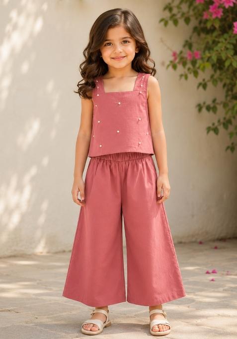 Peach Embellished Poplin Sets And Suits For Girls