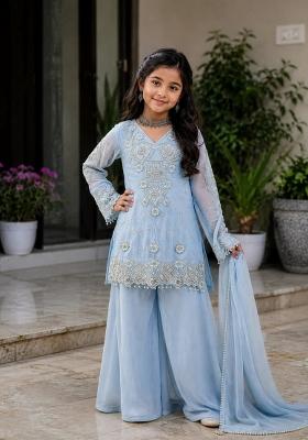 Sky Blue Sequin Work Georgette Palazzo Set For Girls