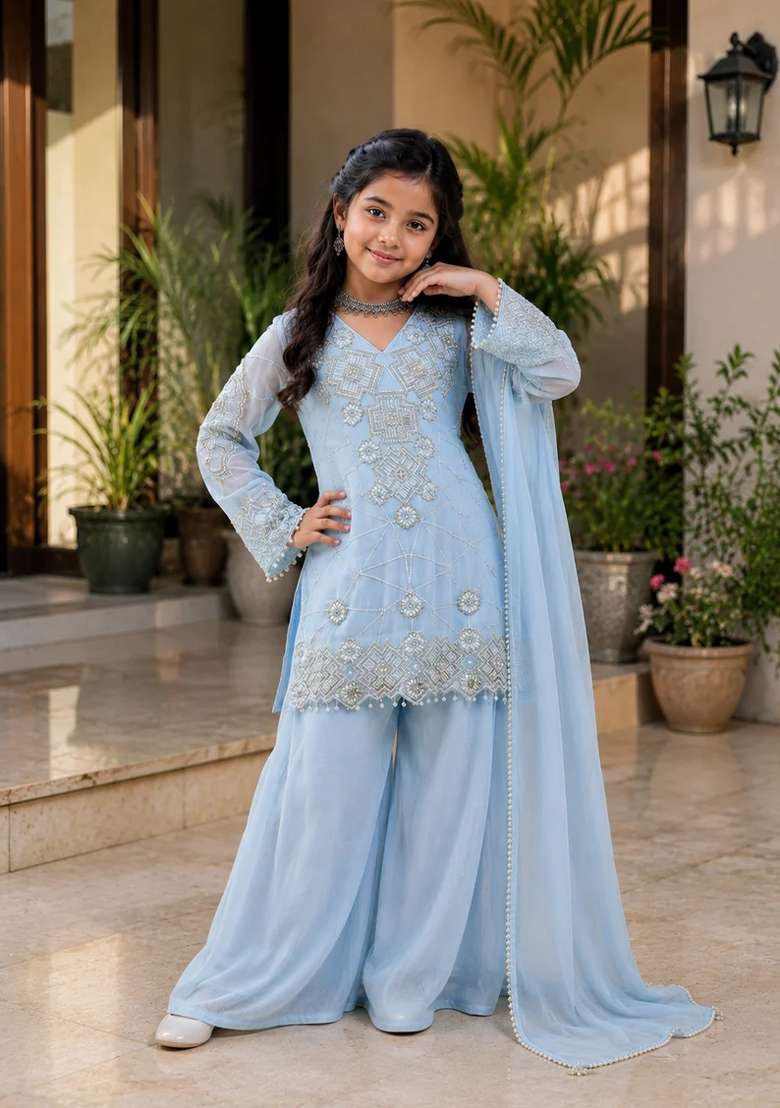 Sky Blue Sequin Work Georgette Palazzo Set For Girls - Indya