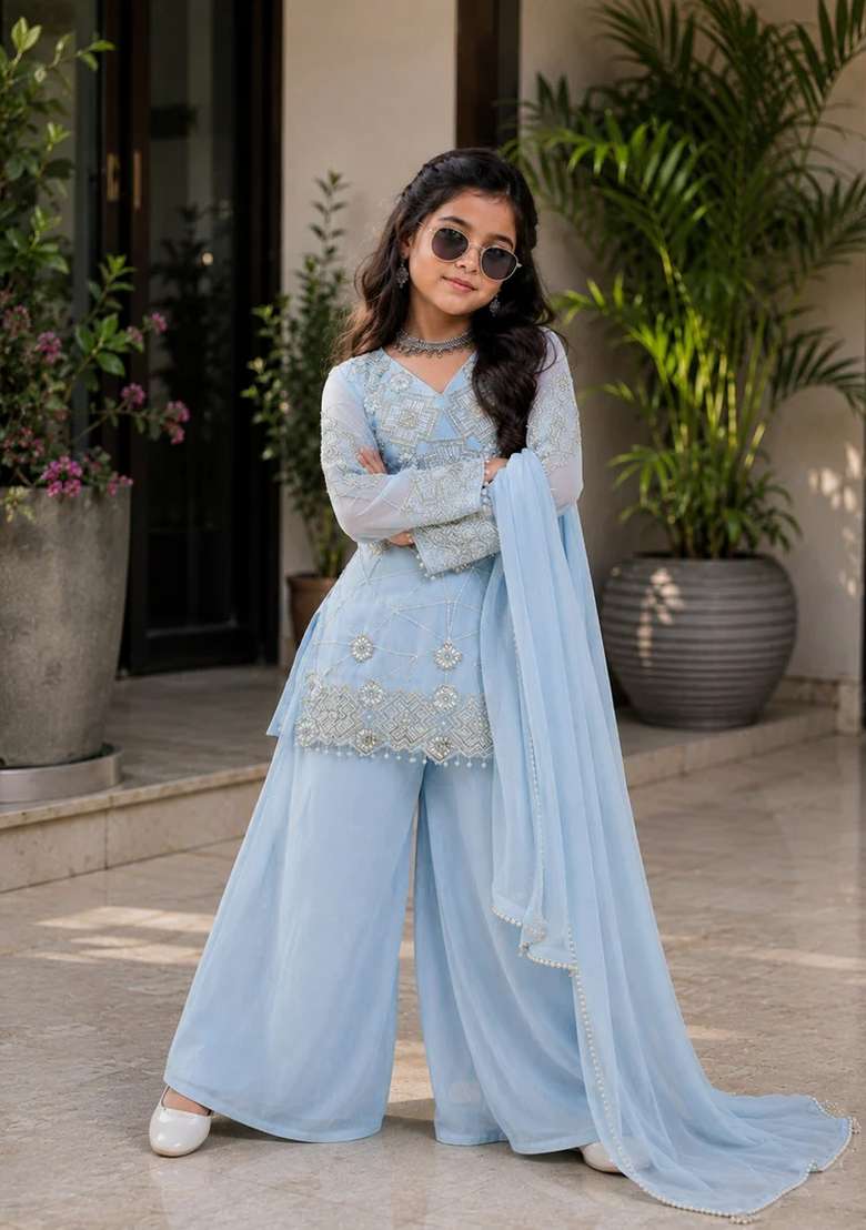 Sky Blue Sequin Work Georgette Palazzo Set For Girls - Indya