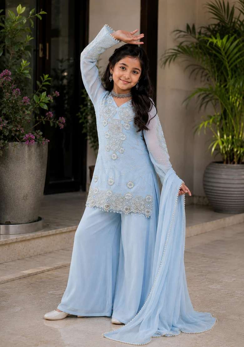 Sky Blue Sequin Work Georgette Palazzo Set For Girls - Indya