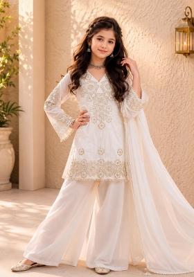 Off White Sequin Work Georgette Palazzo Set For Girls