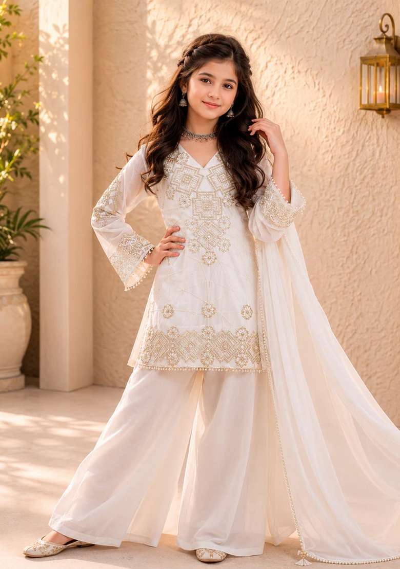 Off White Sequin Work Georgette Palazzo Set For Girls - Indya