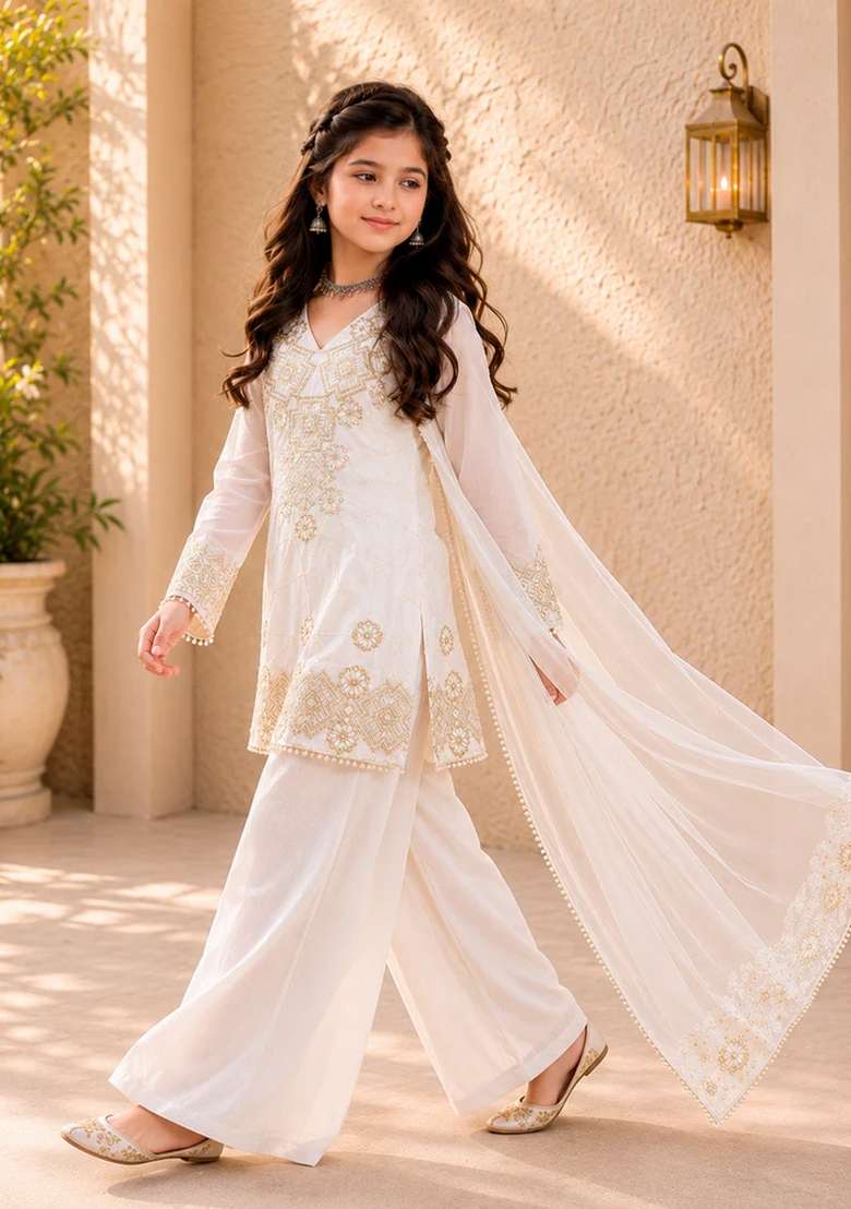 Off White Sequin Work Georgette Palazzo Set For Girls - Indya
