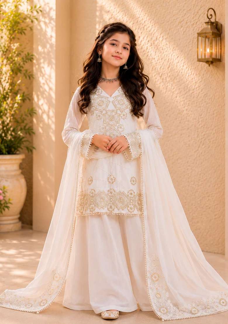 Off White Sequin Work Georgette Palazzo Set For Girls - Indya