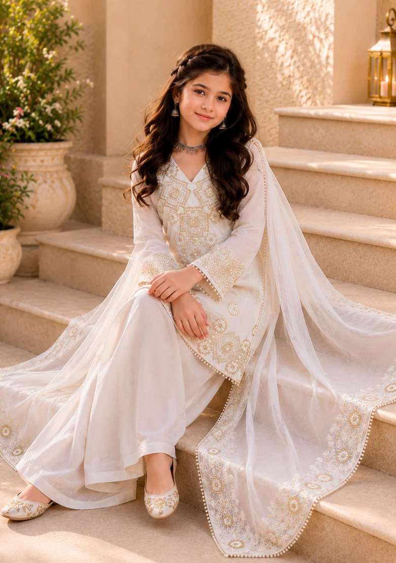 Off White Sequin Work Georgette Palazzo Set For Girls - Indya