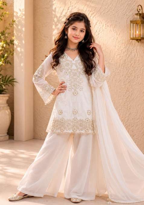 Off White Sequin Work Georgette Palazzo Set For Girls