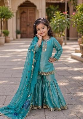 Aqua Blue Sequin Work Silk Sharara Set For Girls