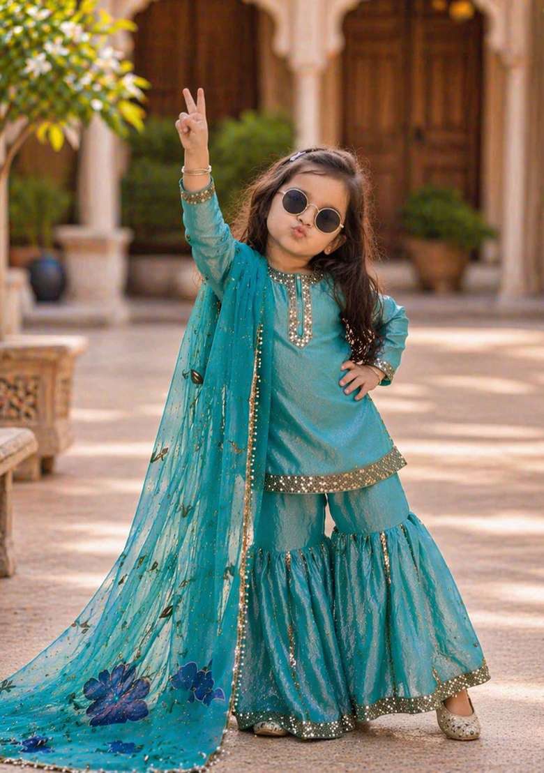 Aqua Blue Sequin Work Silk Sharara Set For Girls - Indya