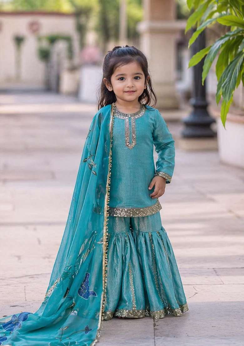 Aqua Blue Sequin Work Silk Sharara Set For Girls - Indya