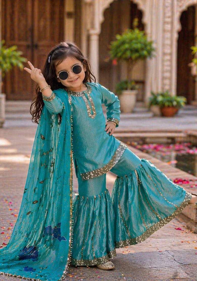 Aqua Blue Sequin Work Silk Sharara Set For Girls - Indya