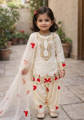 White Embroidered Crepe Kurta Set For Girls