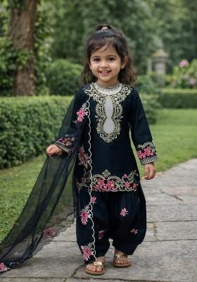 Black Embroidered Crepe Kurta Set For Girls