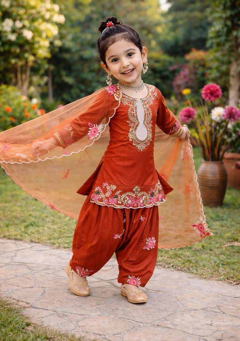 Orange Embroidered Crepe Kurta Set For Girls - Indya
