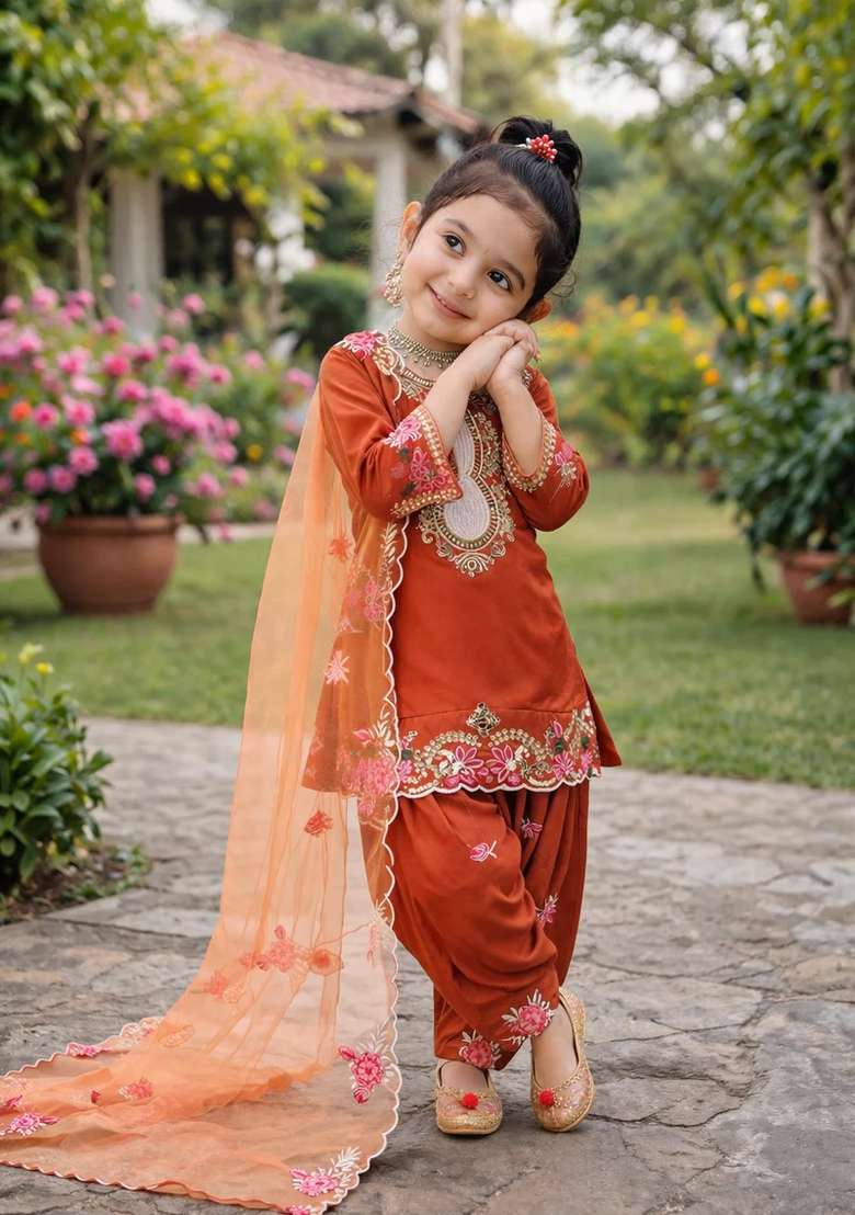 Orange Embroidered Crepe Kurta Set For Girls - Indya