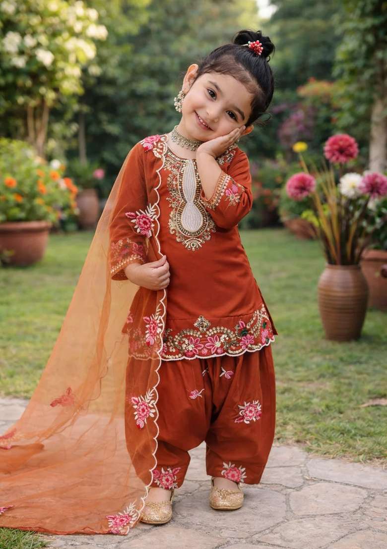 Orange Embroidered Crepe Kurta Set For Girls - Indya