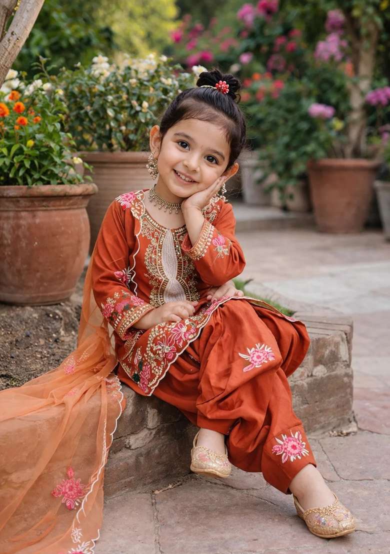 Orange Embroidered Crepe Kurta Set For Girls - Indya