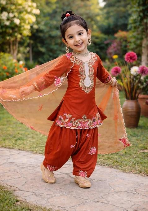 Orange Embroidered Crepe Kurta Set For Girls
