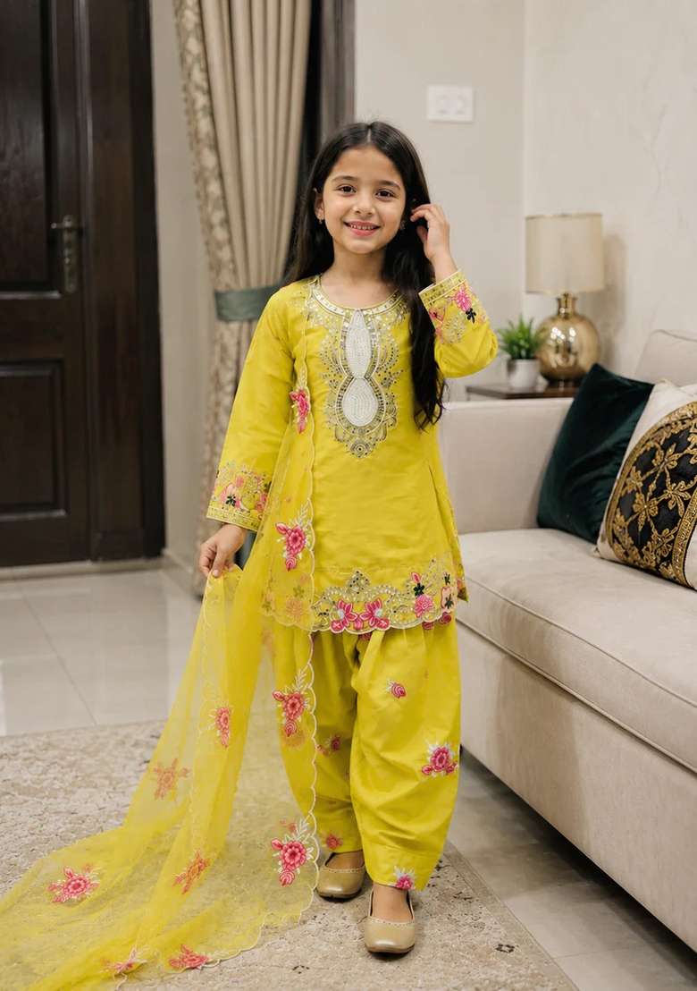 Yellow Embroidered Crepe Kurta Set For Girls - Indya
