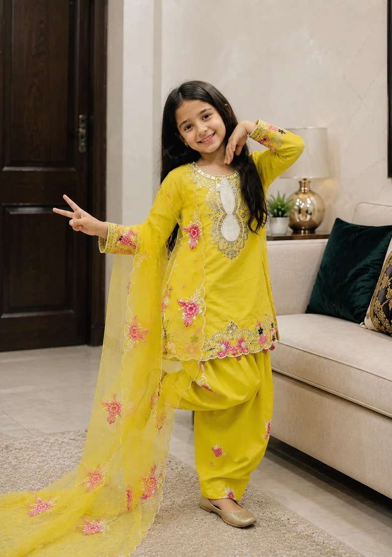Yellow Embroidered Crepe Kurta Set For Girls - Indya