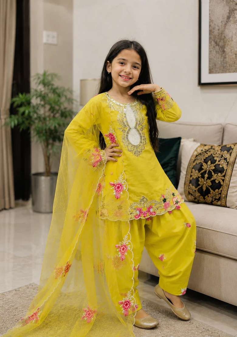 Yellow Embroidered Crepe Kurta Set For Girls - Indya