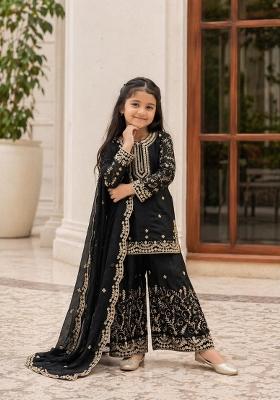 Black Sequin Work Silk Kurta Set For Girls