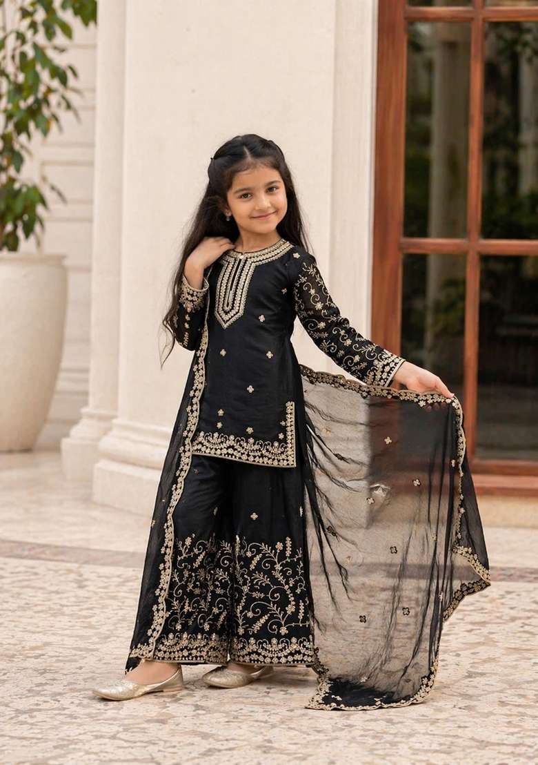 Black Sequin Work Silk Kurta Set For Girls - Indya