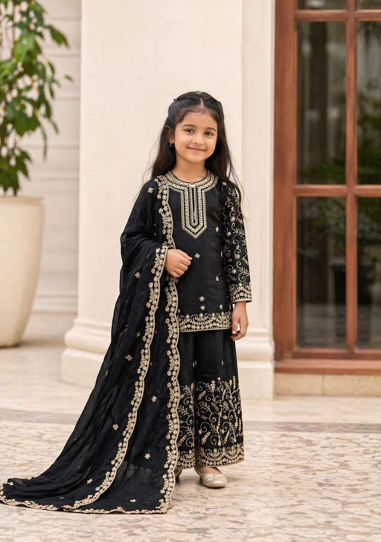 Black Sequin Work Silk Kurta Set For Girls - Indya