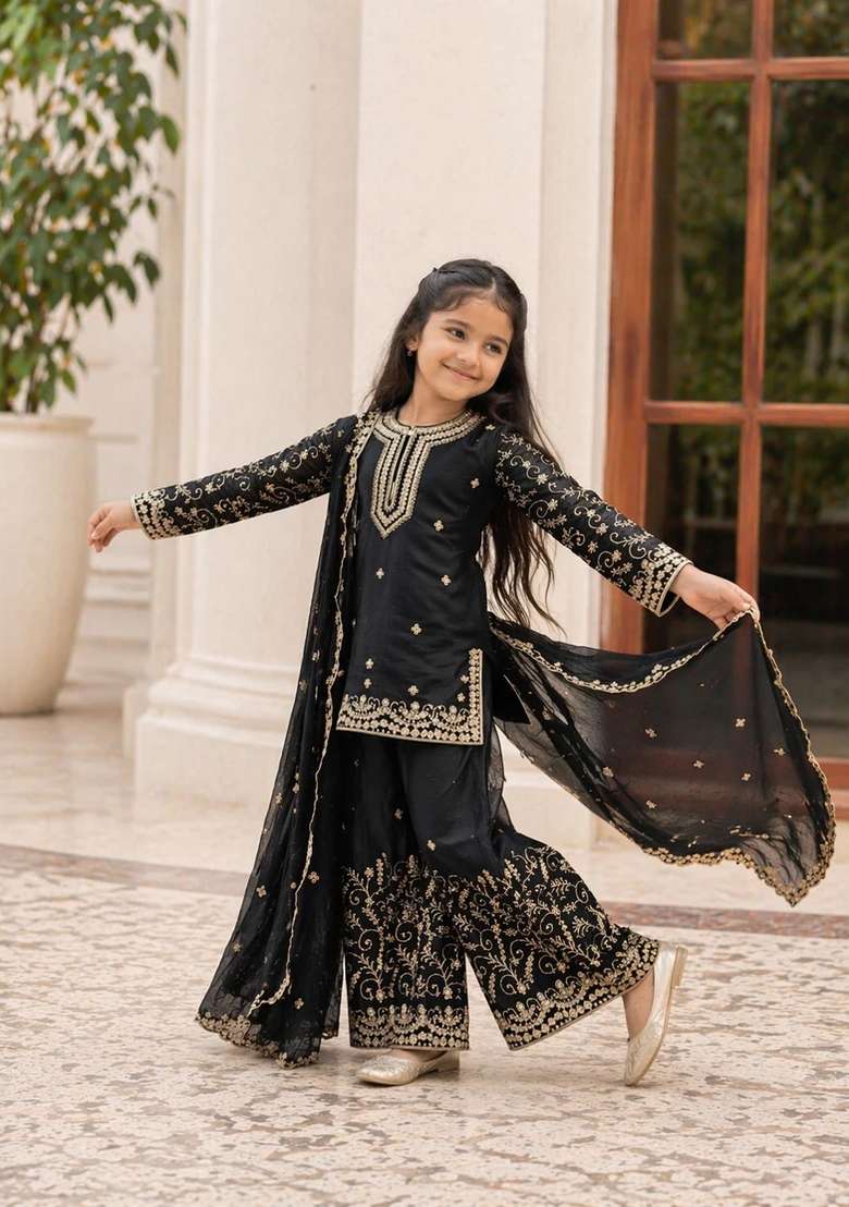 Black Sequin Work Silk Kurta Set For Girls - Indya