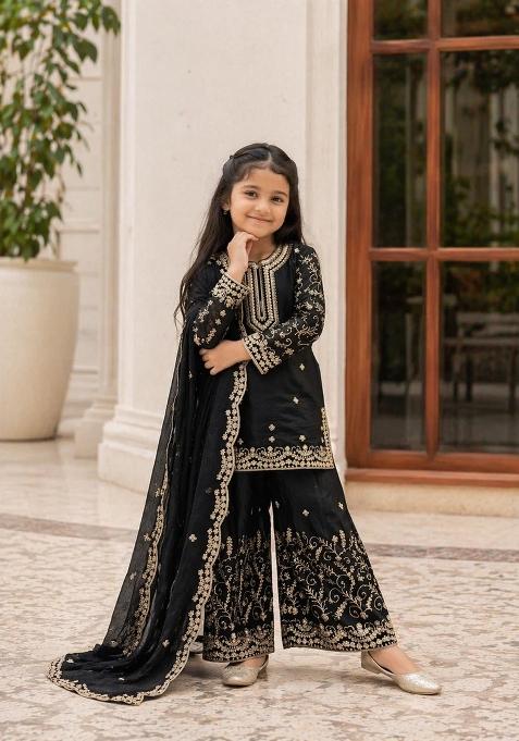 Black Sequin Work Silk Kurta Set For Girls