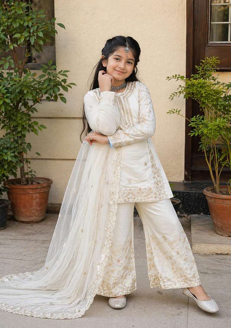 White Sequin Work Silk Kurta Set For Girls - Indya
