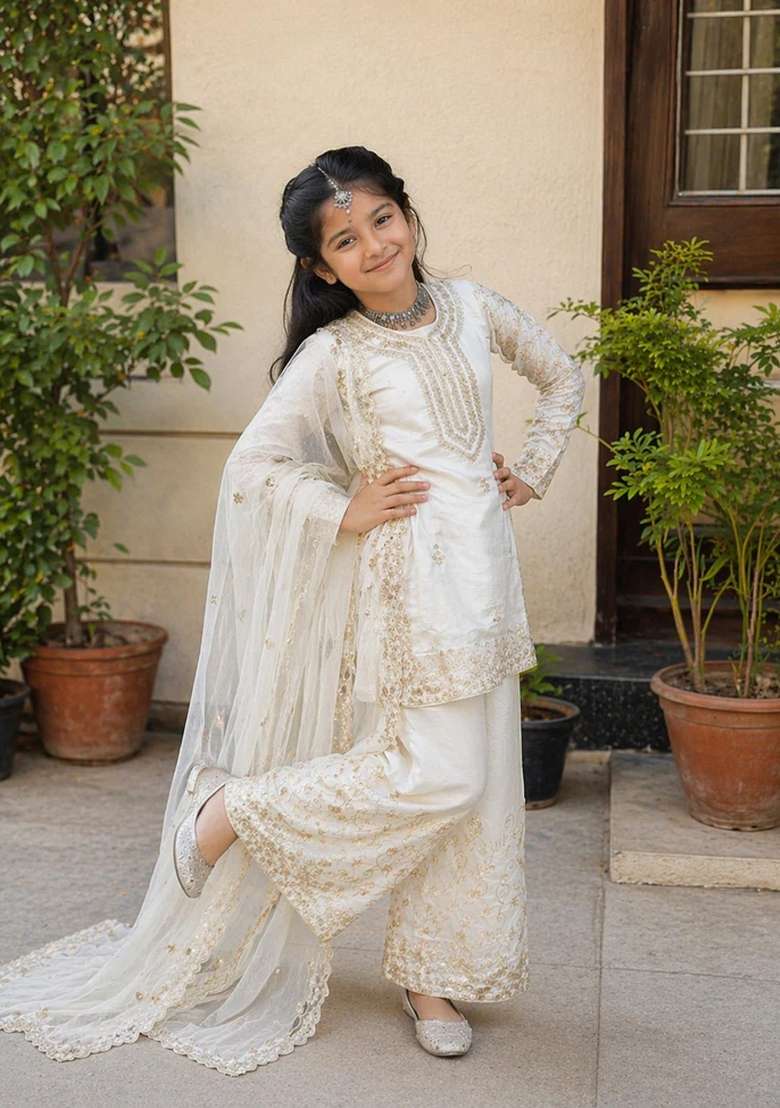 White Sequin Work Silk Kurta Set For Girls - Indya