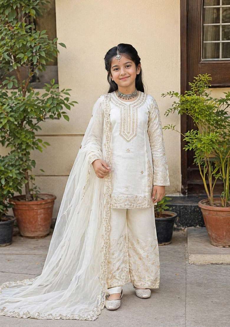 White Sequin Work Silk Kurta Set For Girls - Indya