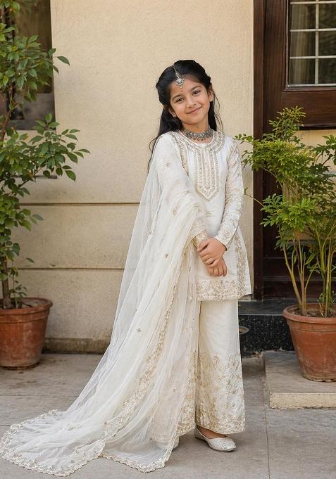 White Sequin Work Silk Kurta Set For Girls
