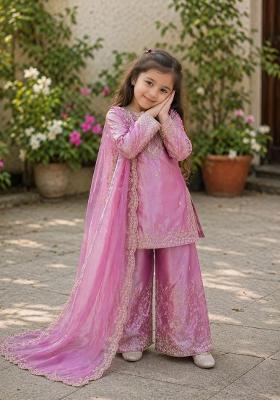 Pink Sequin Work Silk Kurta Set For Girls