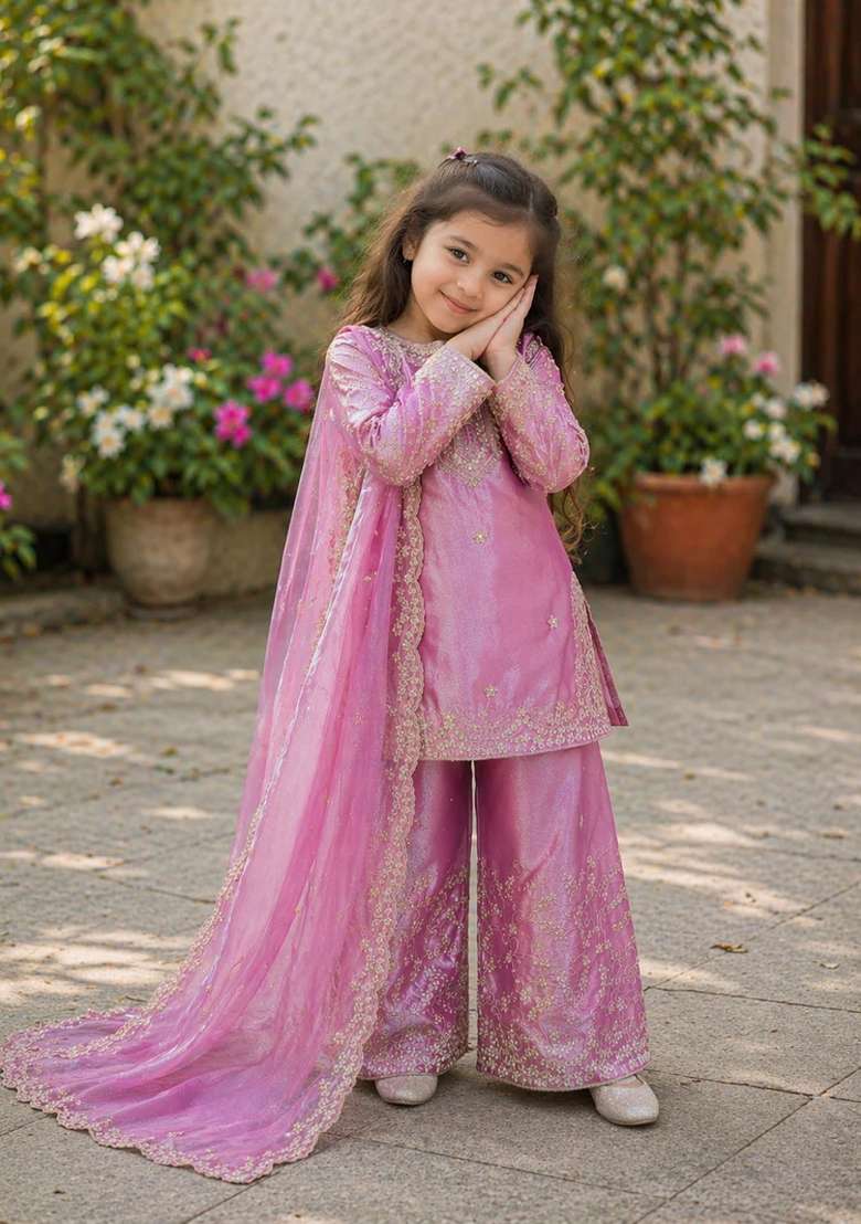 Pink Sequin Work Silk Kurta Set For Girls - Indya
